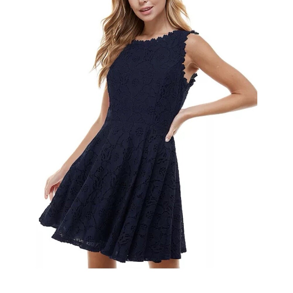 City Studio Juniors Lace Trim Mini Fit & Flare Dress Size 1 Navy